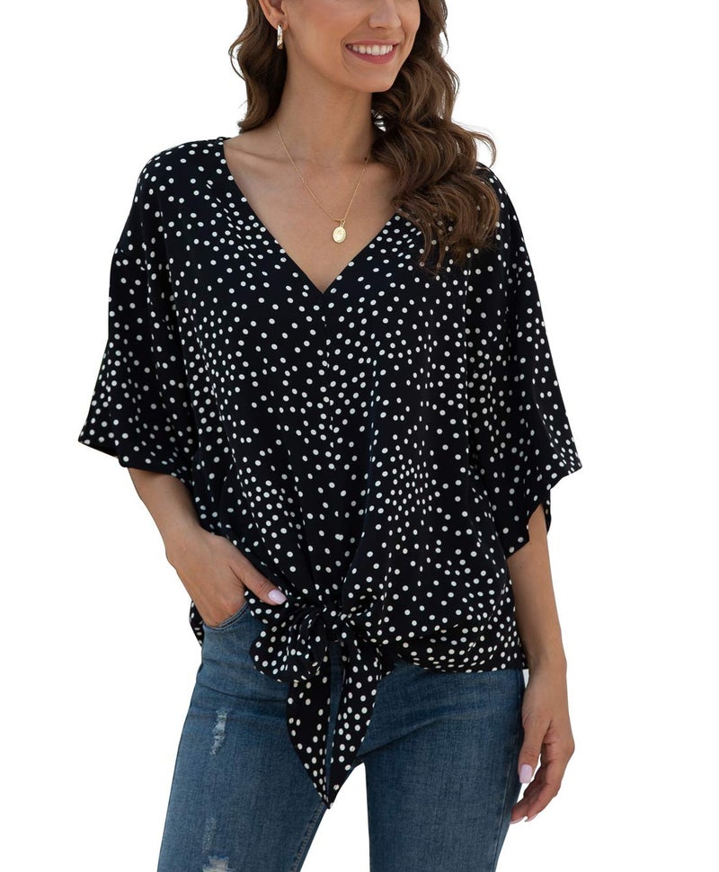 VIISHOW Women Bell Sleeve Shirt Tie Knot Casual Chiffon Blouses Tops(Black Dot,X-Large) - Image 2